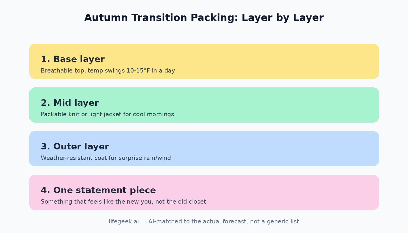Autumn transition packing: base, mid, outer layer, and one statement piece
